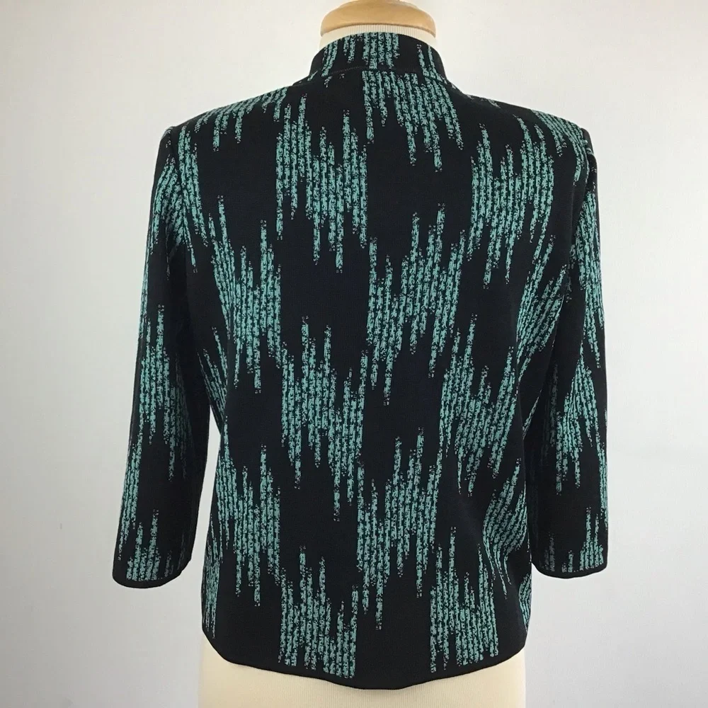 Ming Wang cropped knit black/turquoise 3/4 sleeve open front cardigan size s/m